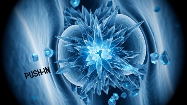 Abstract blue crystalline explosion with glowing core and swirling energy patterns, featuring the text "PUSH-IN".