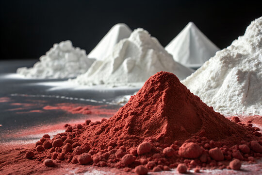 Striking contrast in powdered materials&mdash;red and white conical piles evoke industrial precision, pigment diversity, and material science intrigue. generative ai