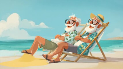 Two happy elderly men relax on a beach, enjoying the sun and ocean while wearing tropical shirts and sunglasses with smiles on their faces