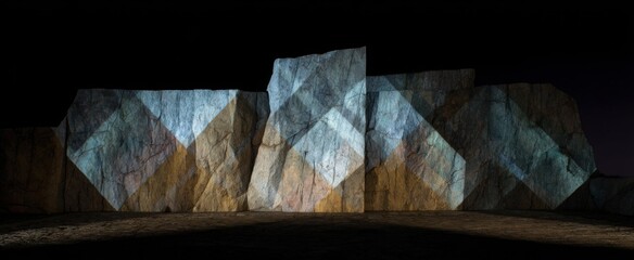 Geometric silhouettes cast vivid shapes on a textured rugged stone facade