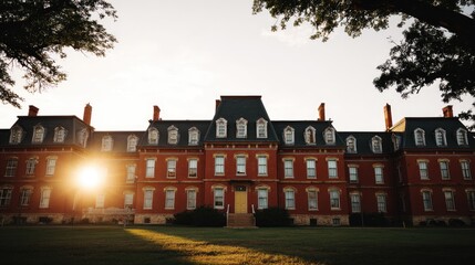 Historic institutional building fa?ade illuminated by bright setting sun across expansive lawn