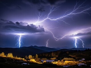 Dramatic lightning strikes illuminate the night sky over a mountainous landscape