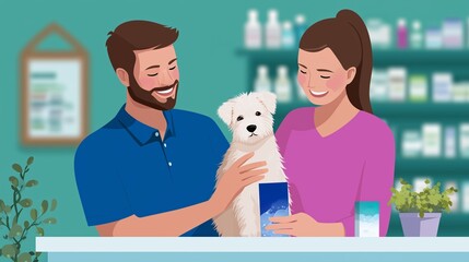 Couple helps their pet dog with care products at a modern vet clinic