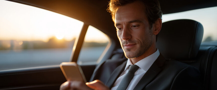 Businessman in suit sitting in car backseat using smartphone during sunset with cityscape background - Powered by Adobe