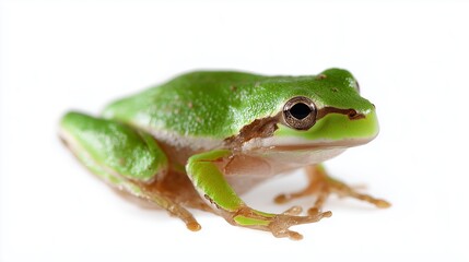 Fototapeta premium Colorful green frog sitting on a smooth surface during a bright daylight setting