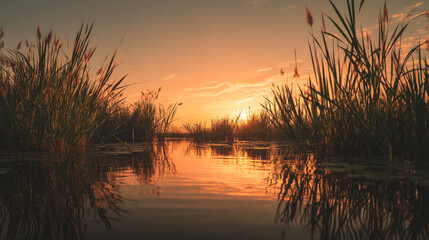Golden sunset reflecting on the calm water surrounded by tall grass at the edge of the lake