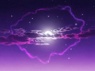 Dreamy purple night sky with clouds and stars surrounding a bright moon