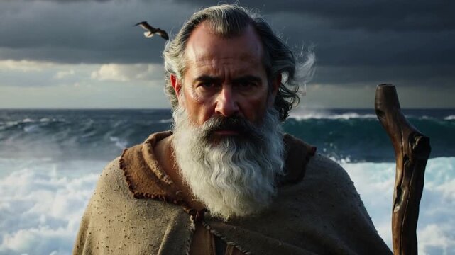 Moses Confronts the Sea: Dramatic Cinematic Scene of Parting the Red Sea / Prophet with Staff and Giant Waves