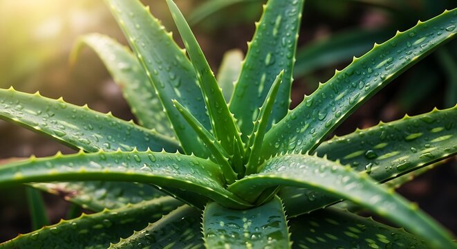 Close up of a healthy green aloe vera plant with spiky leaves and water droplets. - Powered by Adobe