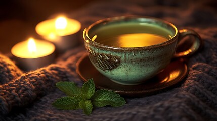 Fototapeta premium A cup of peppermint tea on a dark wool blanket soft candlelight