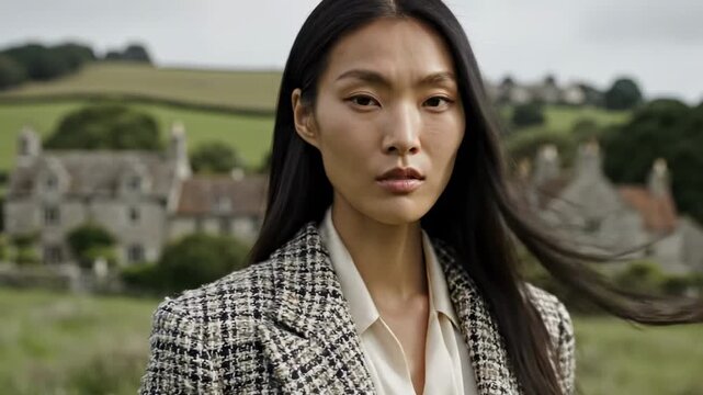 A contemplative woman stands in a lush green field, dressed in a stylish checkered blazer, with a serene village backdrop and rolling hills, capturing a moment of calm sophistication
