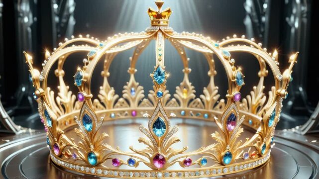 Video A gold crown sits on top of a table with a simple, elegant design