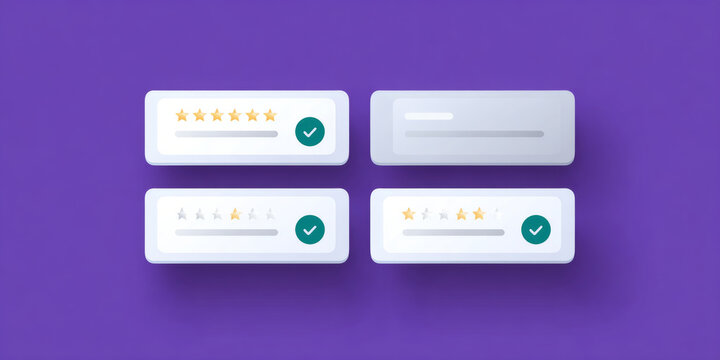 Set of four digital rating cards with star reviews and check marks on purple background, representing feedback and evaluation system