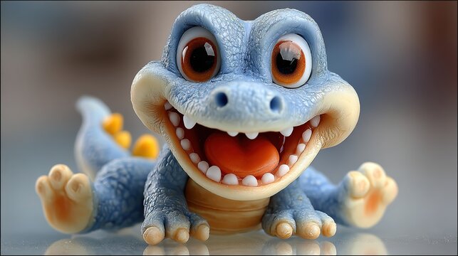 Close-up blue plasticine dino with yellow scale detail on white, perfect for 3-year color-learning slides