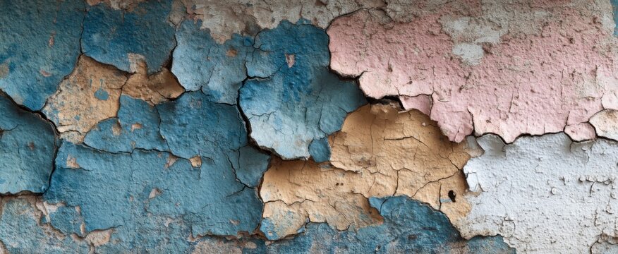 Medium shot of cracked peeling paint texture on a weathered and rustic wall