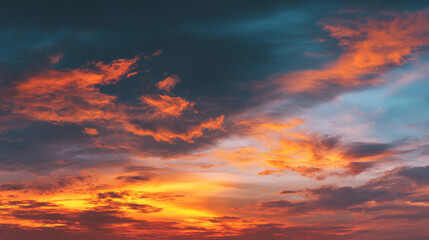 Fototapeta premium A vibrant sunset sky with orange and blue hues and scattered clouds creating a dramatic atmosphere