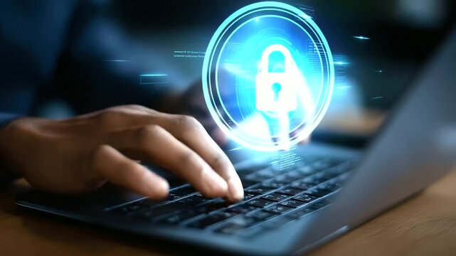 Faceless hands typing on keyboard, defocused digital overlay, cybersecurity concept, cyber crime prevention, data protection technology, security awareness visualization, with copy