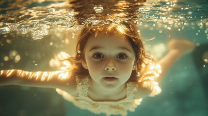 A girl happily swims underwater, surrounded by bubbles of light, creating a magical atmosphere — an excellent background for advertising children's products or water parks.