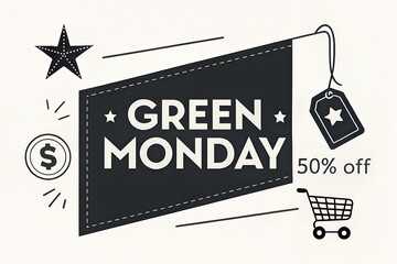 Promote Green Monday with bold black-and-white visuals, discount icons, and shopping energy—ideal for retail campaigns, e-commerce outreach, and seasonal sales events. generative ai