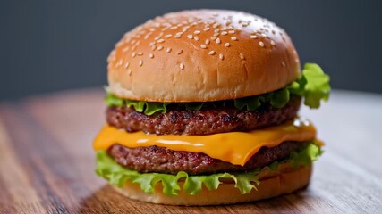 A close-up of a double-patty burger with cheese and lettuce on a wooden surface