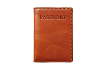 Vintage brown leather passport cover with embossed lettering showing the word passport isolated on transparent background