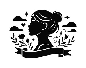Silhouette of woman with floral accents and banner for text