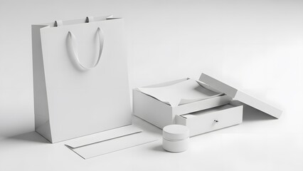 Elegant collection of blank white retail packaging including a shopping bag, gift box, cosmetic jar, and envelope, ideal for branding mockups