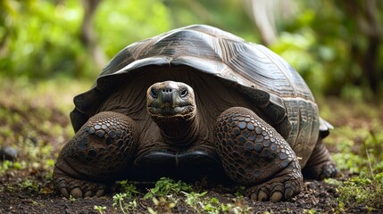 The giant tortoise in its natural habitat highlights the importance of biodiversity conservation, serving as a key backdrop for environmental projects and initiatives.