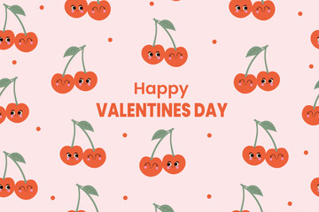 Valentines day card, banner or horizontal poster design with cute smiling cherry illustration. 