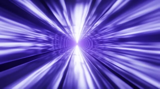 Futuristic tunnel in shades of purple, with converging lines leading toward a bright, undefined light