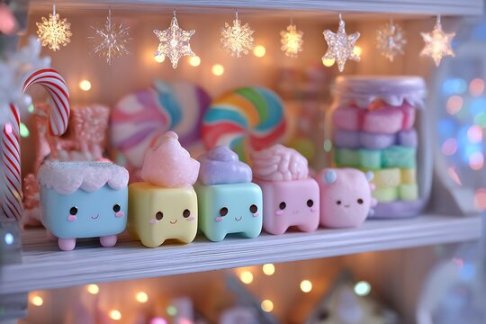 Pastel christmas sweets and snowflakes on a shelf with lights bokeh