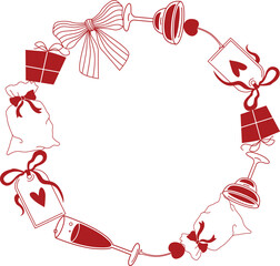 Hand-drawn Christmas wreath with champagne glasses, gifts and bows in red color doodle style