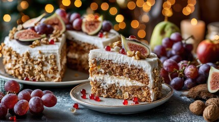 Layered dessert with white frosting, fresh figs, and grapes presented with warm holiday ambiance
