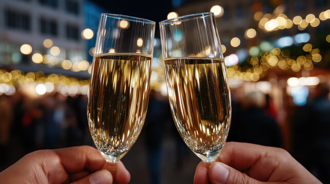 Hands toasting with glasses of sparkling wine against a blurred festive Christmas market background