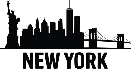 New York City Skyline Silhouette, New York Skyline with Statue of Liberty and Brooklyn Bridge, New York City Typography and Skyline, NYC Landmark Vector Graphic, silhouette, vector, illustration. © naeem