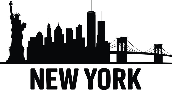 New York City Skyline Silhouette, New York Skyline with Statue of Liberty and Brooklyn Bridge, New York City Typography and Skyline, NYC Landmark Vector Graphic, silhouette, vector, illustration.