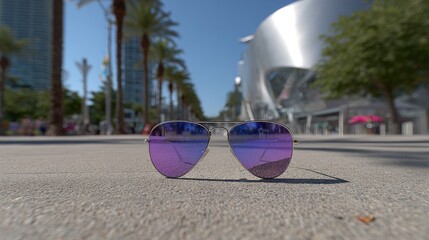 Aviator style protective eyewear rests on urban pavement under bright daylight