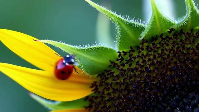 A vibrant ladybug with black spots rests on the sunny yellow petal of a large sunflower