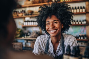 Woman shopkeeper smiling, working in her small business