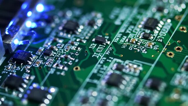 A macro shot showcasing intricate details of a green circuit board with glowing blue LEDs