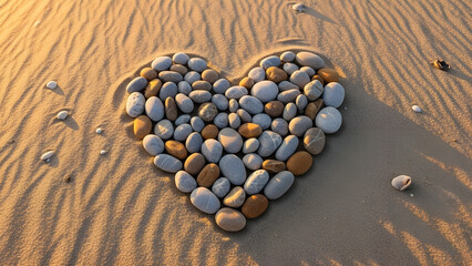 Heart shape made of smooth pebbles on sandy beach at sunset