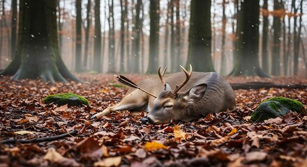Majestic Deer Resting Peacefully on a Bed of Autumn Leaves in a Serene Forest.