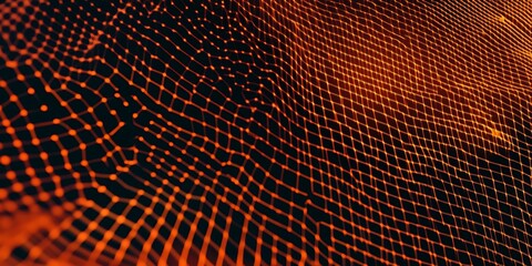 Abstract orange network with connected dots and lines on a dark background creating a wavy pattern