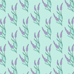 Seamless pattern with lavender branches. Hand-drawn botanical floral design in gentle purple and green tones for fabric, stationery and product packaging.