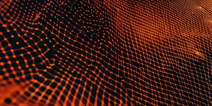 Abstract orange network with connected dots and lines on a dark background creating a wavy pattern