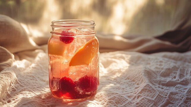 A peach and raspberry soda in a mason jar resting on white lace blanket in sunlight