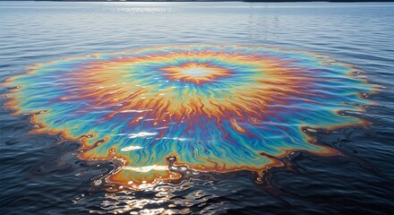 Vibrant Oil Spill Creates a Rainbow Pattern on Calm Water Surface.