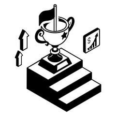 Steps to Success and Achievement isometric concept, Achieving Milestones, Earning Rewards vector design, Business corporation  sign, Targets to Trophies  symbol, Sales Marketing illustration