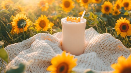 A peach milkshake on a cotton blanket surrounded by sunflowers in a field
