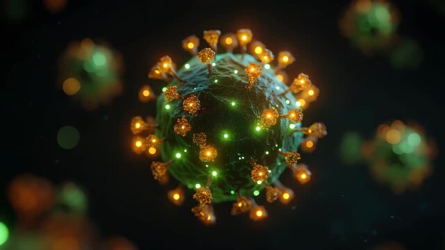 Microscopic view of a virus showcasing its structure and surface spikes with a glowing effect, emphasizing details in a dark environment